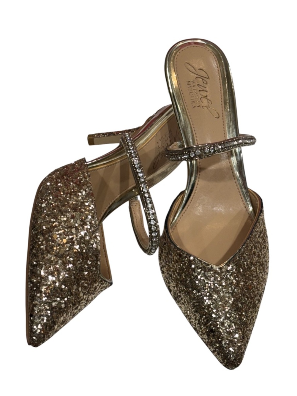 Jewel by Badgley Mischa Golden Heels Shoes Sequins Women's Size 5.5 5 1/2